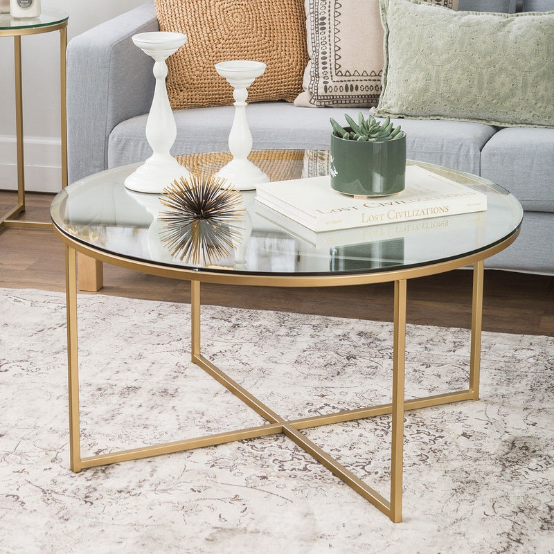 Alissa Coffee Table Living Room Walker Edison Gold and Glass 