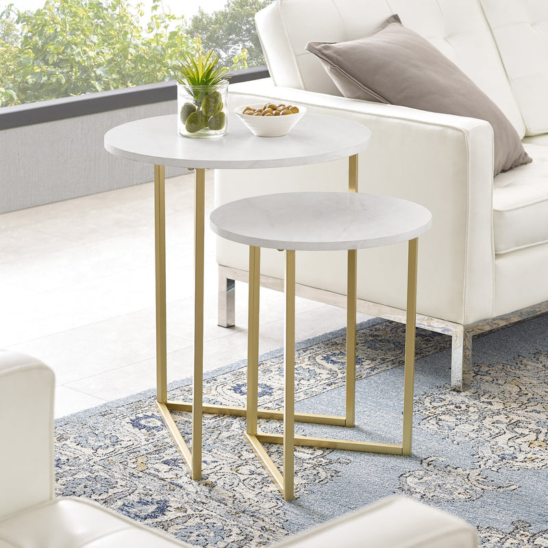 Victoria 2-Piece V Leg Nesting Side Tables Living Room Walker Edison Faux White Marble/Gold 