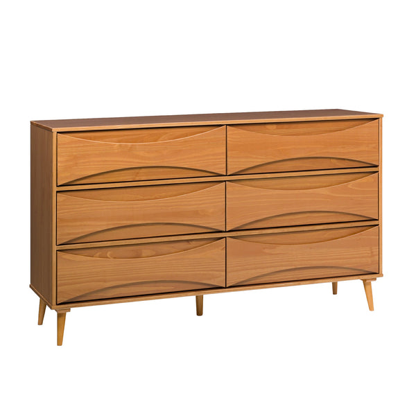 58" 6-Drawer Solid Wood Dresser with Curved Front Detail Living Room Walker Edison Caramel 