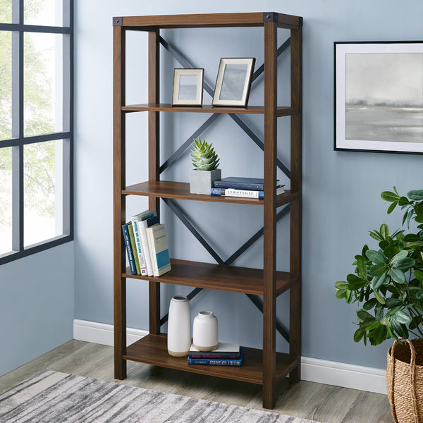 Farmhouse Metal X Bookshelf Storage Walker Edison Dark Walnut 