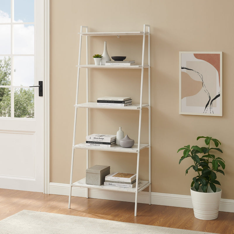 72" Metal & Wood Ladder Shelf Bookcases & Standing Shelves Walker Edison White Marble/White 