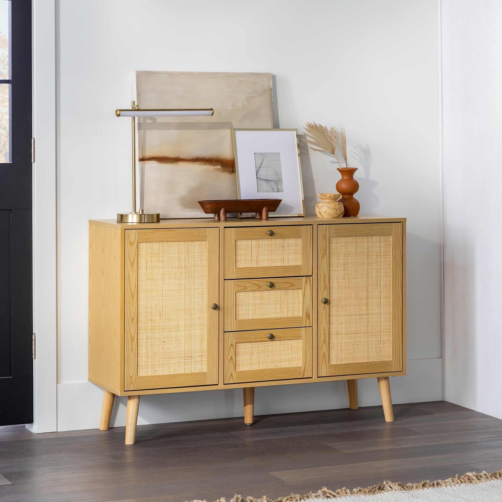 Boho 3 Drawer Solid Wood and Rattan Buffet Sideboard – Walker Edison