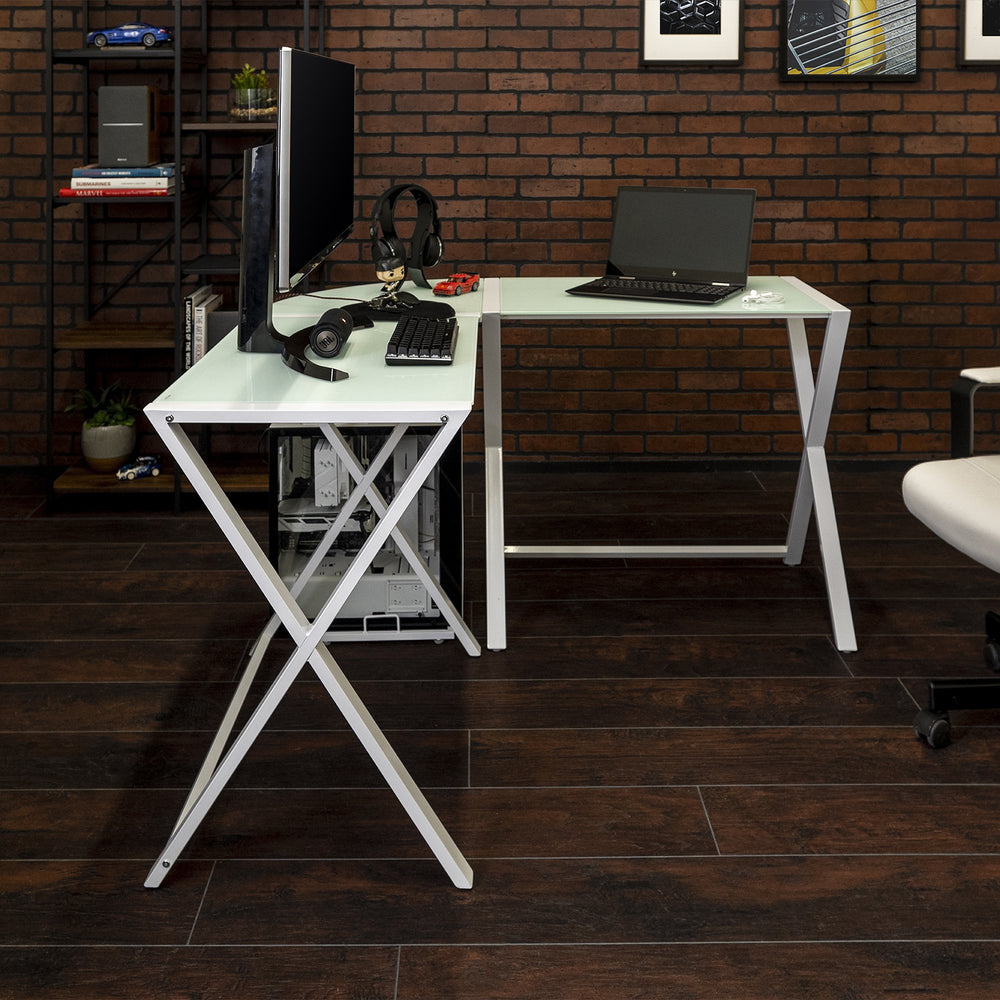 Walker Edison X-Frame Glass Metal L-Shaped Computer Desk-White/White, image size:1000x1000