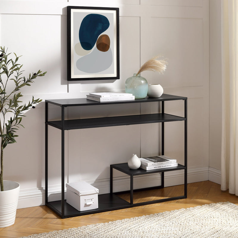 42" Metal and Wood Console Table with Tiered Shelves Entry Table Walker Edison Black 