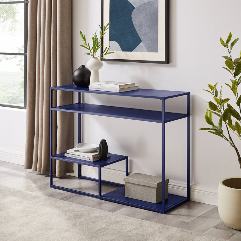 42" Metal and Wood Console Table with Tiered Shelves Entry Table Walker Edison Blue 