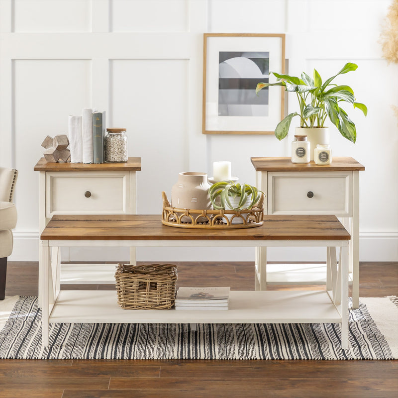 3-Piece Distressed Solid Wood Table Set Living Room Walker Edison Rustic Oak/White Wash 