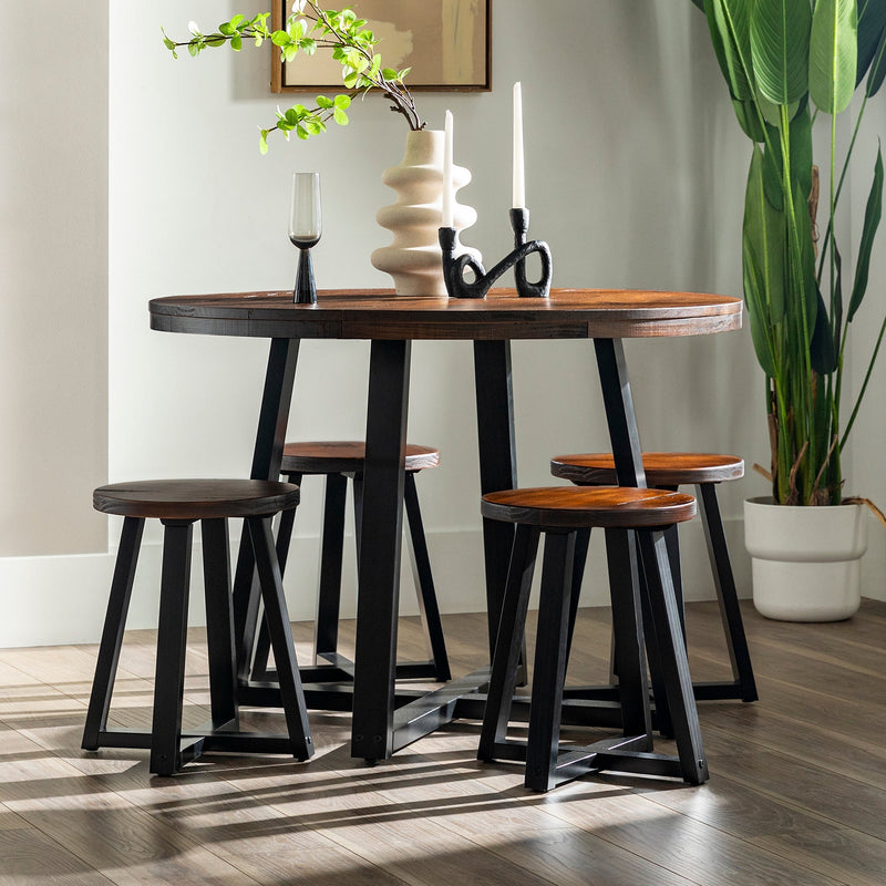 Rustic 5-Piece Distressed Solid Wood Round Dining Set Dining Room Walker Edison Mahogany/Black 