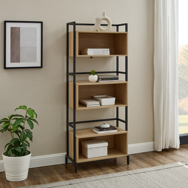 Modern Minimal Open Box Metal and Wood Bookshelf Bookcases & Standing Shelves Walker Edison 