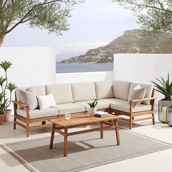 6-Piece Modern Chevron Acacia Outdoor Corner Sectional with Coffee Table Living Room Walker Edison Brown 