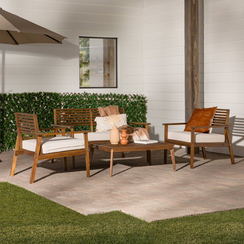 4-Piece Mid-Century Modern Acacia Outdoor Slat-Back Chat Set with Coffee Table Living Room Walker Edison Dark Brown 