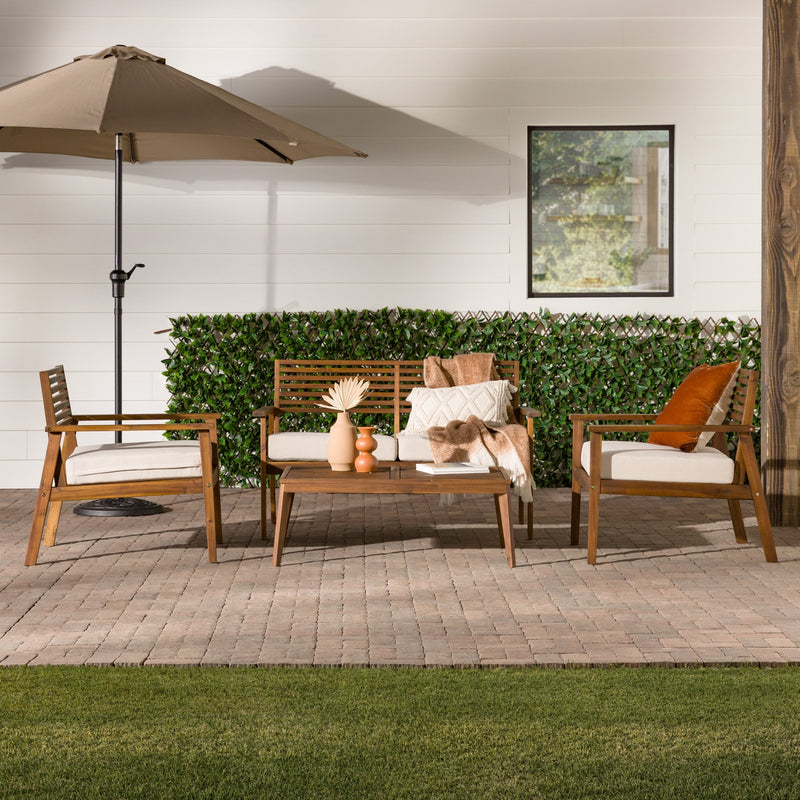 4-Piece Mid-Century Modern Acacia Outdoor Slat-Back Chat Set with Coffee Table Living Room Walker Edison 