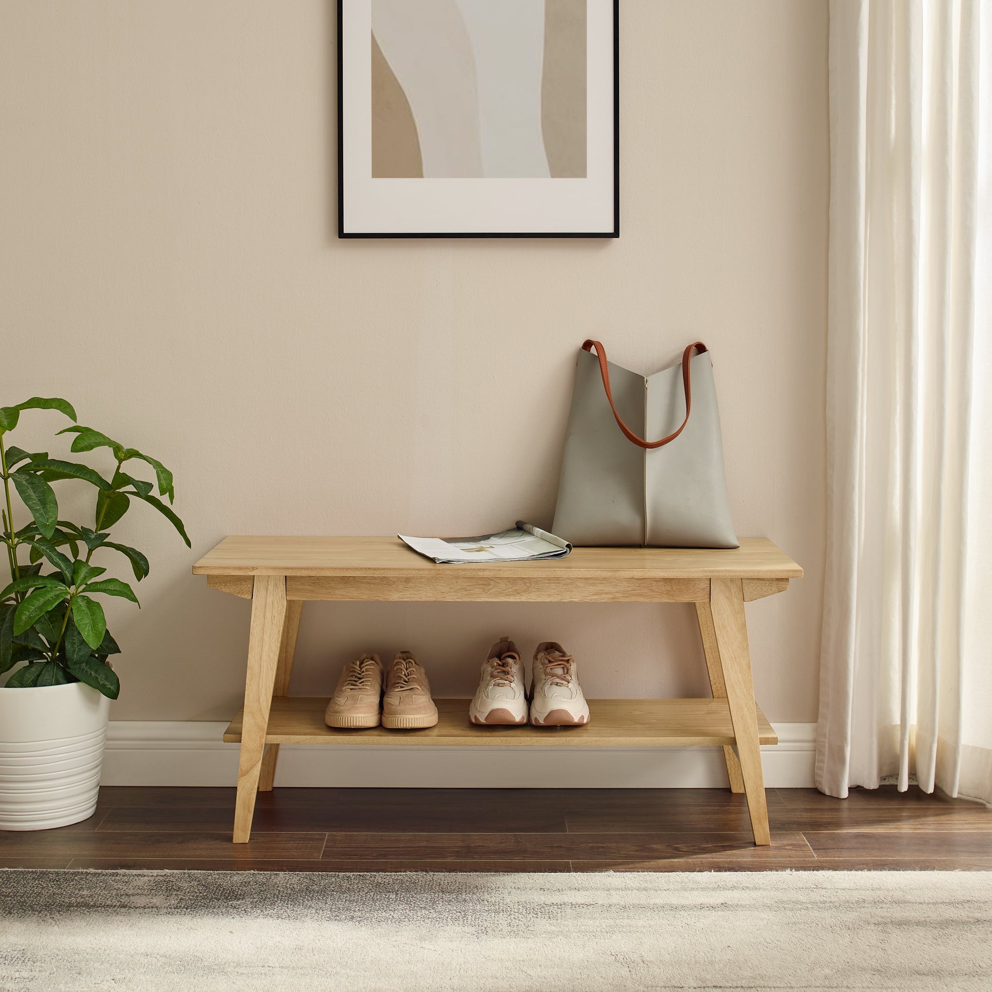 Kochi Minimalist Solid Wood Entry Bench with Lower Storage Shelf Walker Edison