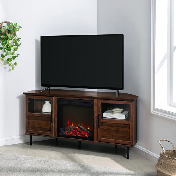 Modern Angled-Side Fireplace Corner TV Stand for TVs up to 60” Entertainment Centers & TV Stands Walker Edison Dark Walnut 