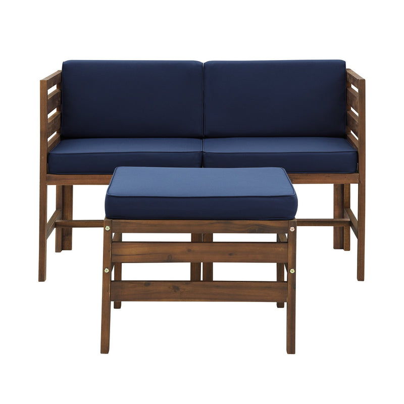 3-Piece Sanibel Modular Acacia Chairs and Ottoman Patio Walker Edison Dark Brown/Blue 