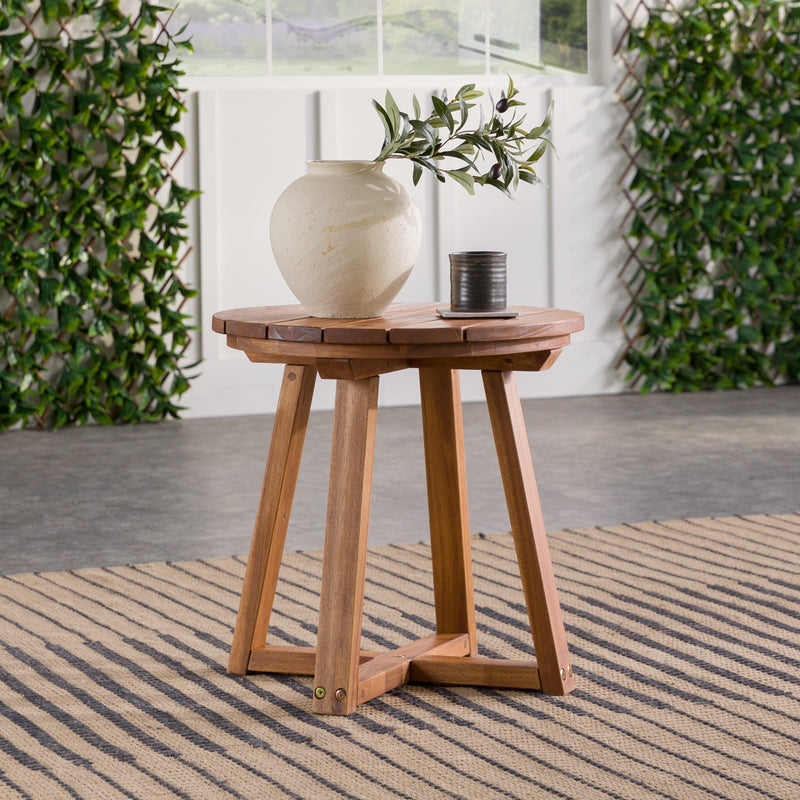 Modern Solid Wood Slat-Top Outdoor Round Side Table Living Room Walker Edison Brown 