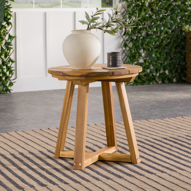 Modern Solid Wood Slat-Top Outdoor Round Side Table Living Room Walker Edison Natural 