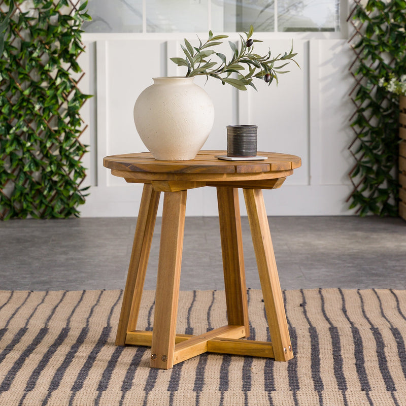 Modern Solid Wood Slat-Top Outdoor Round Side Table Living Room Walker Edison 