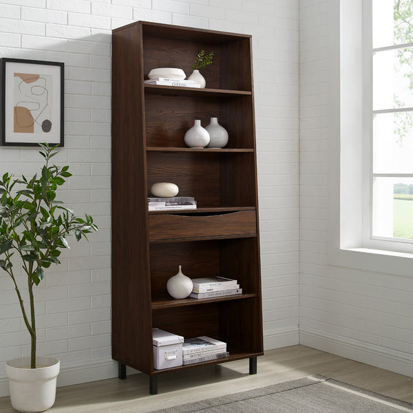 Modern 5-Shelf Bookcase with Drawer Bookcases & Standing Shelves Walker Edison Dark Walnut 