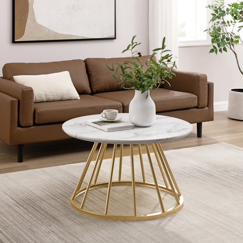 Modern Round Coffee Table with Metal Base Walker Edison White Marble 