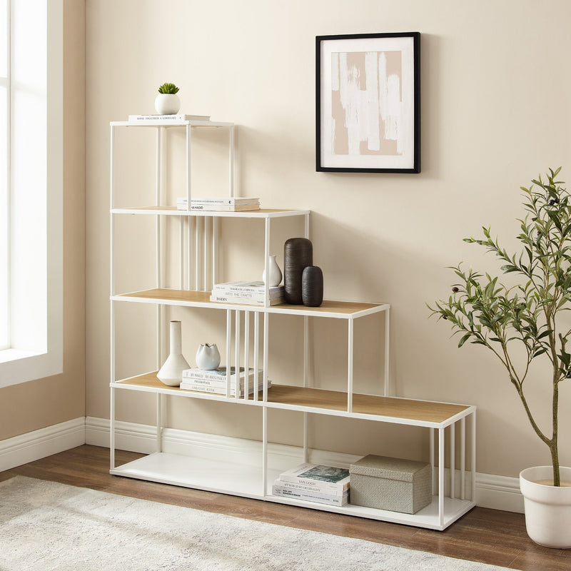 Minimalist Divider Bookshelf with Slats Bookcases & Standing Shelves Walker Edison Coastal Oak/White 