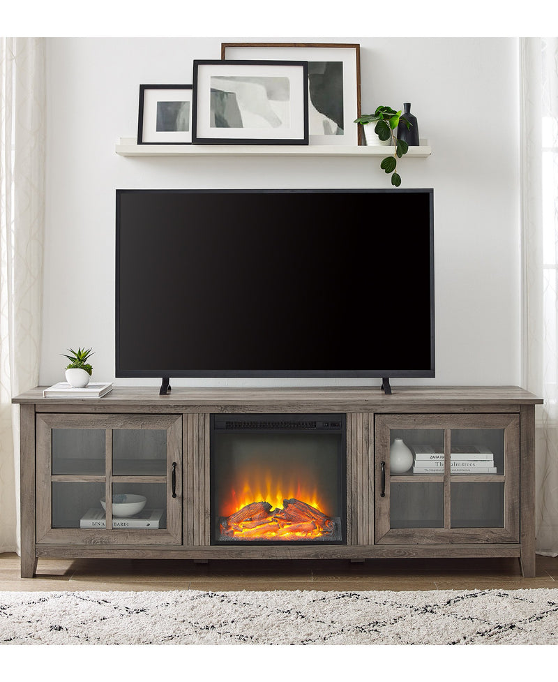 Simple Fireplace Console with Glass Doors Living Room Walker Edison Grey Wash 