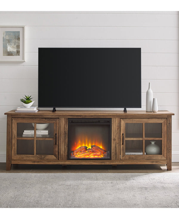 Simple Fireplace Console with Glass Doors Living Room Walker Edison Rustic Oak 