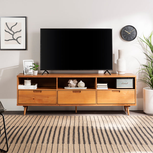 Ivy 70" 3 Drawer Solid Wood TV Stand Living Room Walker Edison Caramel 