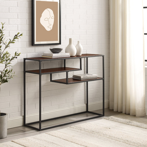 42" Metal and Wood Tiered Shelf Entry Table Living Room Walker Edison Dark Walnut/Black Coastal Oak/Black 