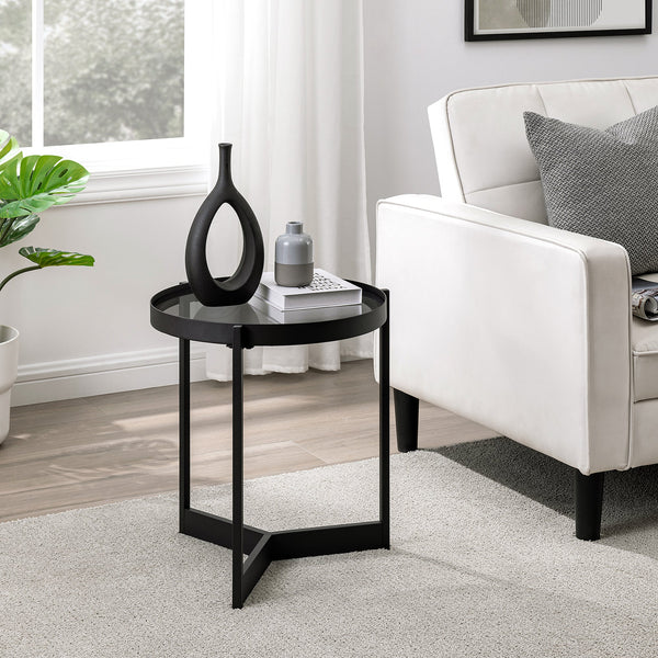 Modern Glass and Metal Round Side Table Living Room Walker Edison Smoked Glass/Black Smoked Glass/Black 